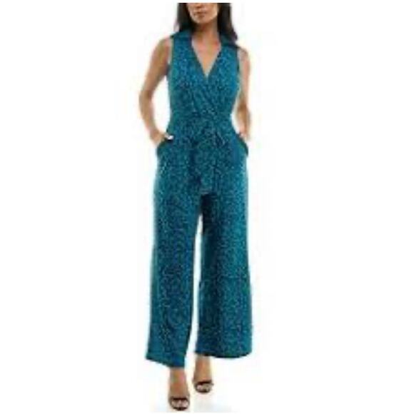 Nina Leonard Dresses & Skirts - Nina Leonard blue botanical wrap collar jumpsuit size M